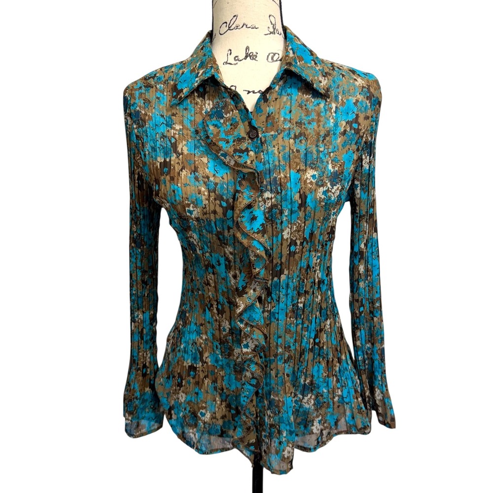 Apt 9 Pleated Ruffle Blouse Womens Petite Medium Blue‎ Brown Abstract Fairy